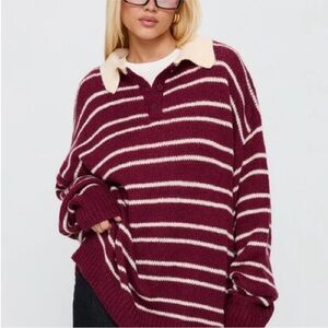 Lioness Burgundy and Cream Striped Collared Sweater